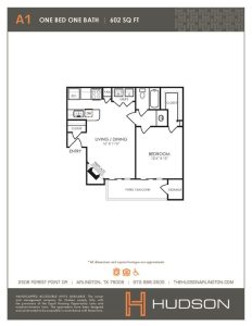 Hudson Floor Plan One Bedroom One Bathroom 1 Bed 1 Bath 602 sqft