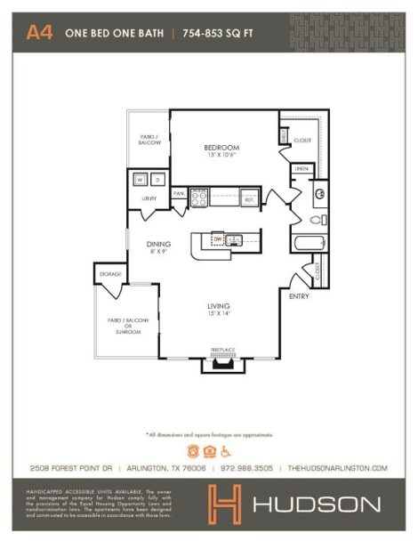 Hudson Floor Plan One Bedroom One Bathroom 1 Bed 1 Bath 754 sqft