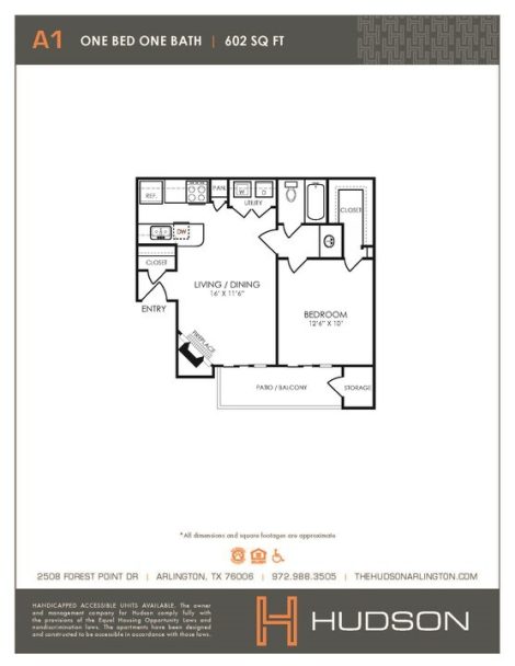 Hudson Floor Plan One Bedroom One Bathroom 1 Bed 1 Bath 602 sqft