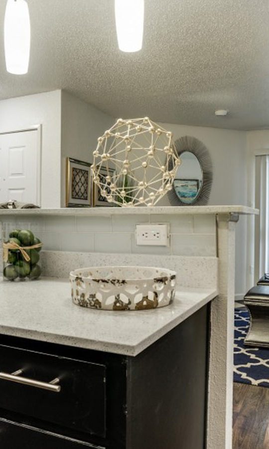 a kitchen with a black counter top and black cabinets at The Hudson